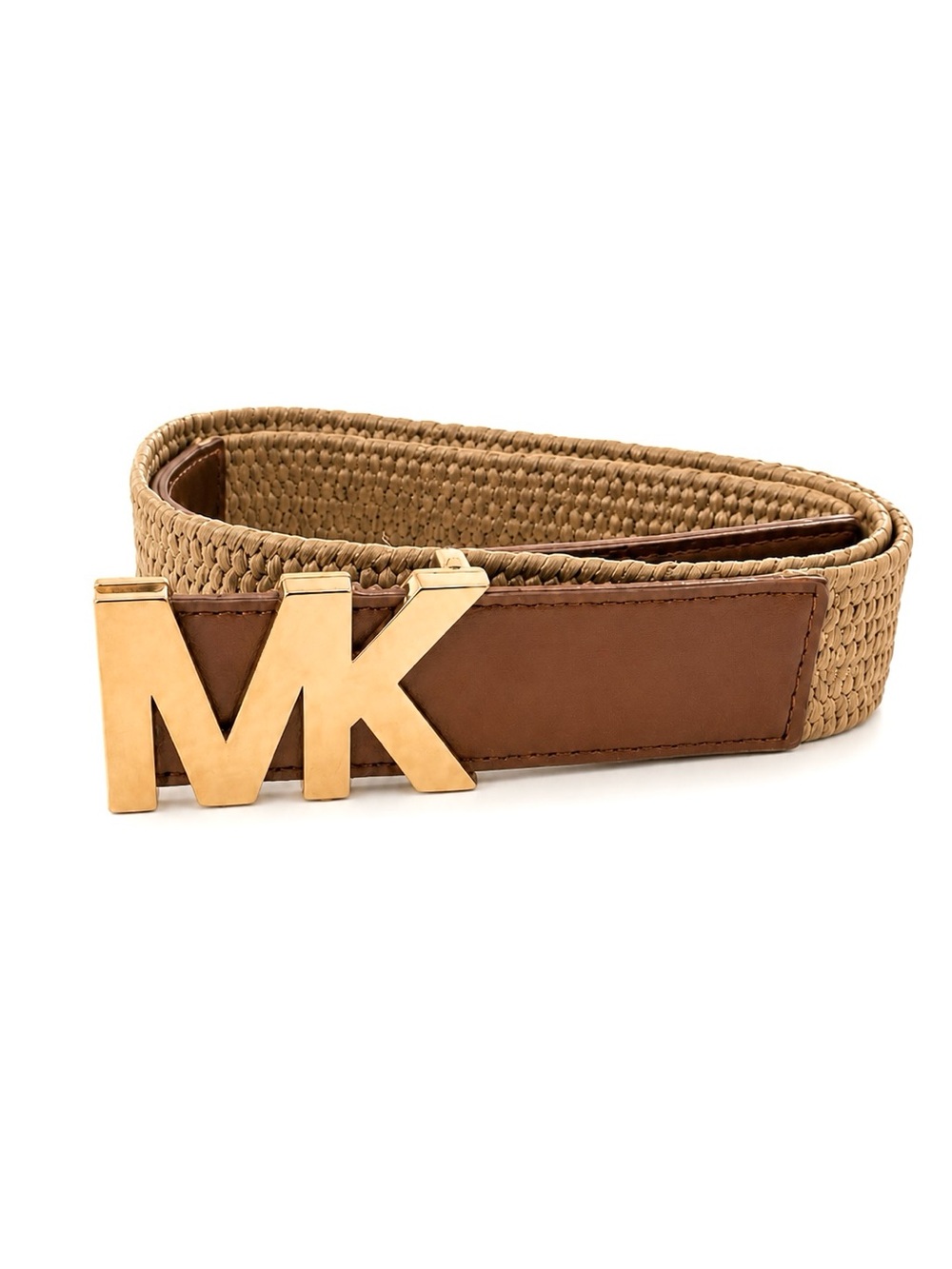 Michael Kors MK Logo Woven Stretch Belt M/L Tan Brown Gold Buckle
